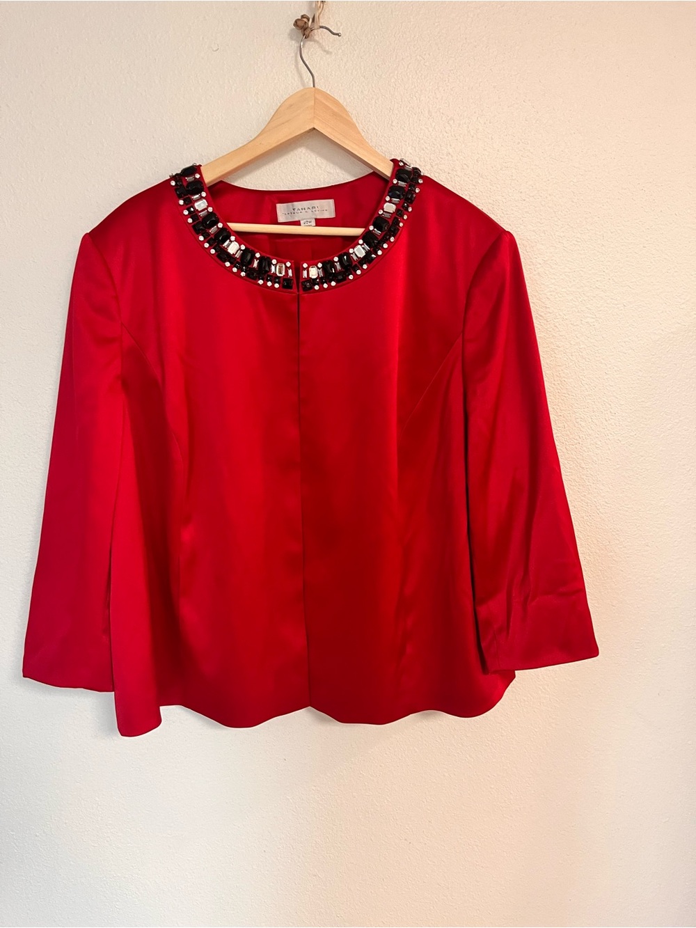 Tahari Red Jeweled Neckline Blouse